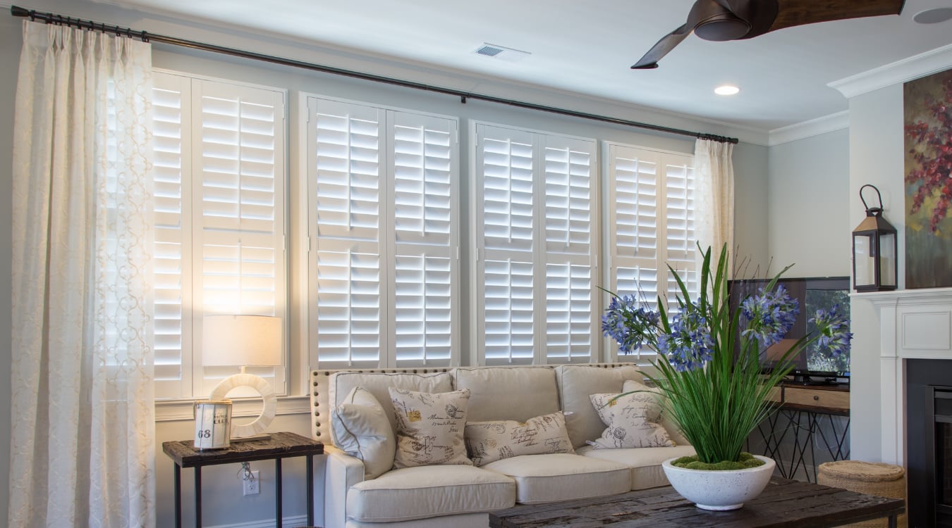 Plantation shutters in a living room.